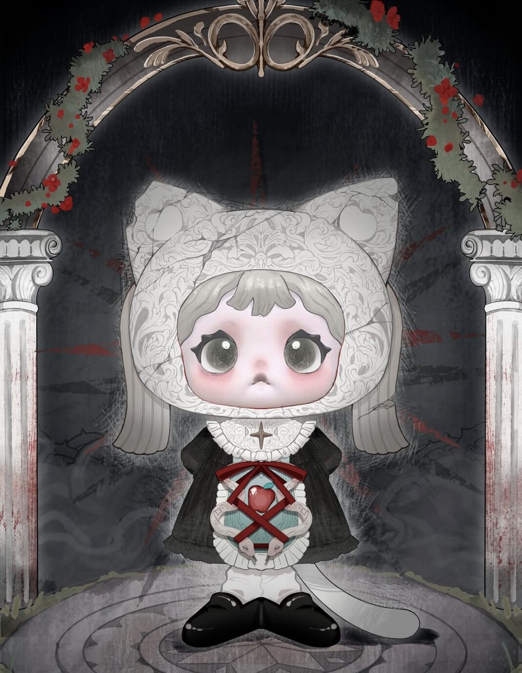 A gothic promotional illustration of the limited-edition Heymi-Desire figure standing under a stone archway with red roses, featuring a cat-eared lace hood, a black dress, and a translucent stomach containing a red apple wrapped by a serpent.