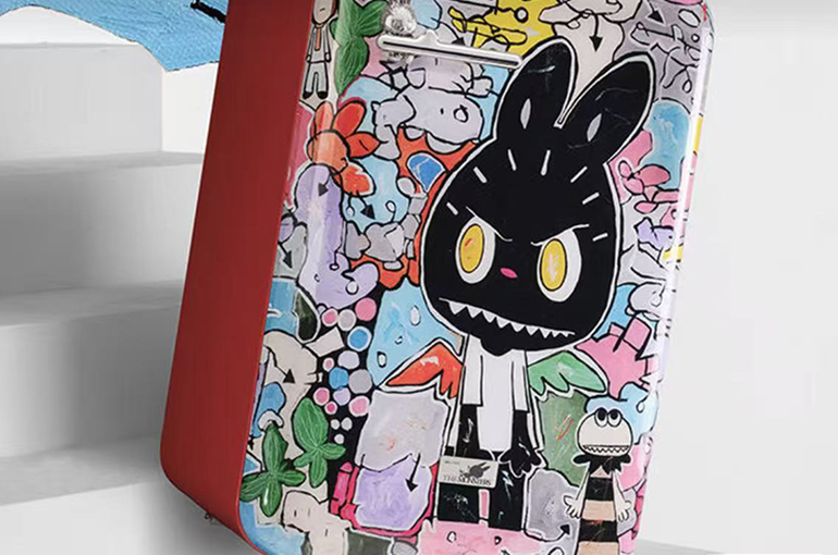 A close-up, angled shot of the Pop Mart Labubu 